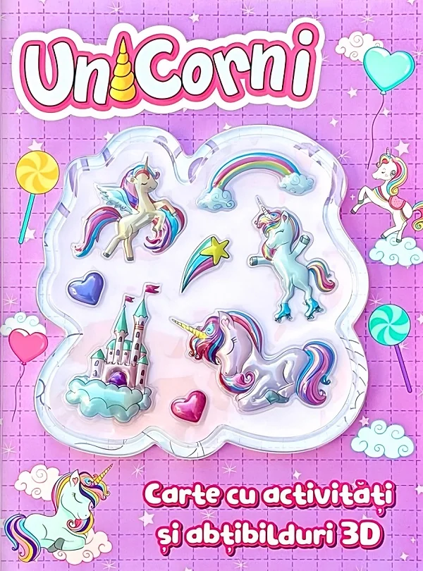 Carte cu activitati si abtibilduri 3D: Unicorni
