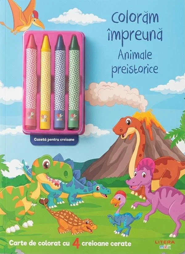 Coloram impreuna. Animale preistorice. Carte de colorat cu 4 creioane cerate