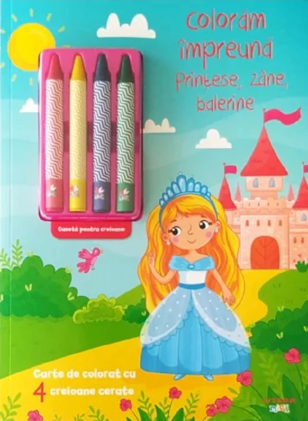 Coloram impreuna. Printese, zane, balerine. Carte de colorat cu 4 creioane cerate