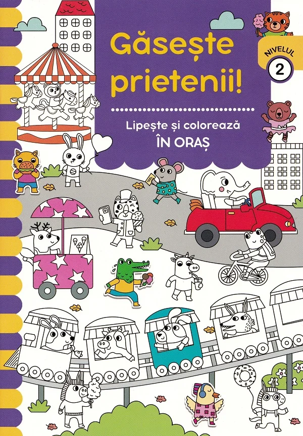 Gaseste prietenii! Lipeste si coloreaza. In oras