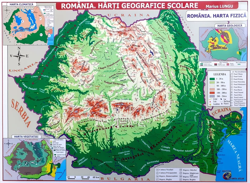 Romania. Harta fizica + Harta repartitiei oraselor