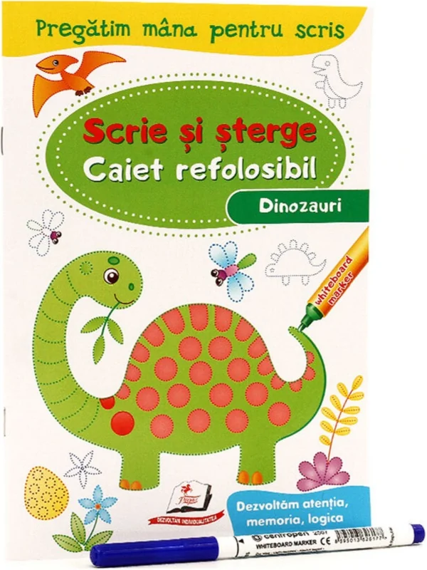 Scrie si sterge. Dinozauri. Caiet refolosibil + whiteboard marker