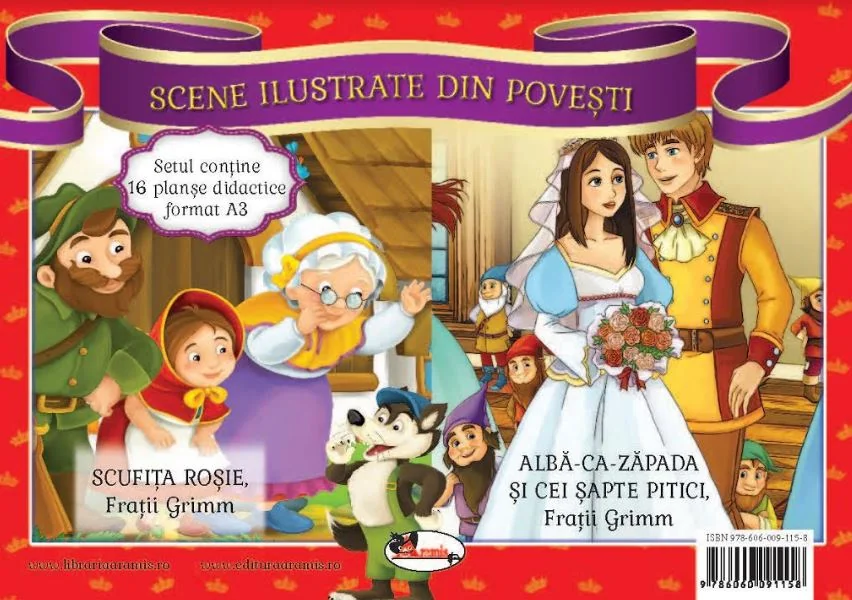 Scufita Rosie + Alba ca Zapada. Scene ilustrate din povesti. Planse