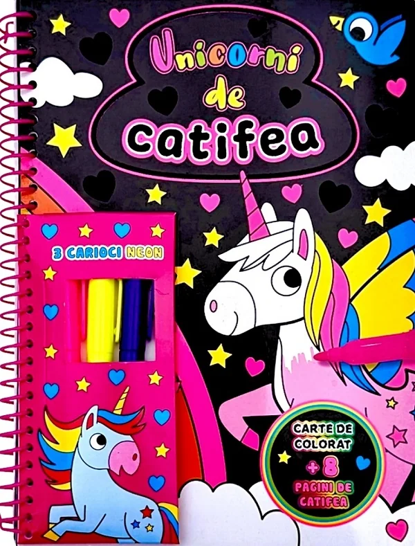 Unicorni de catifea. Carte de colorat + 3 carioci neon